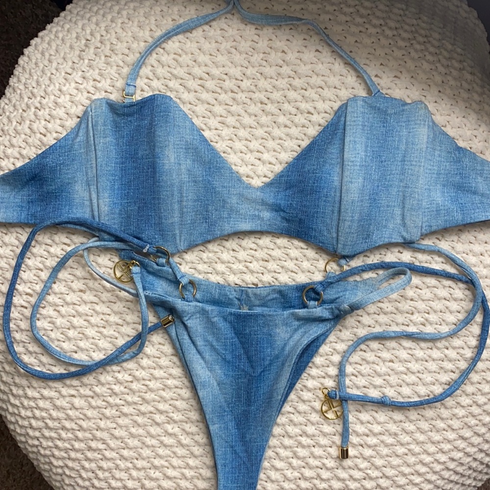 Sexy, rare, blue denim style bikini with gold hardware